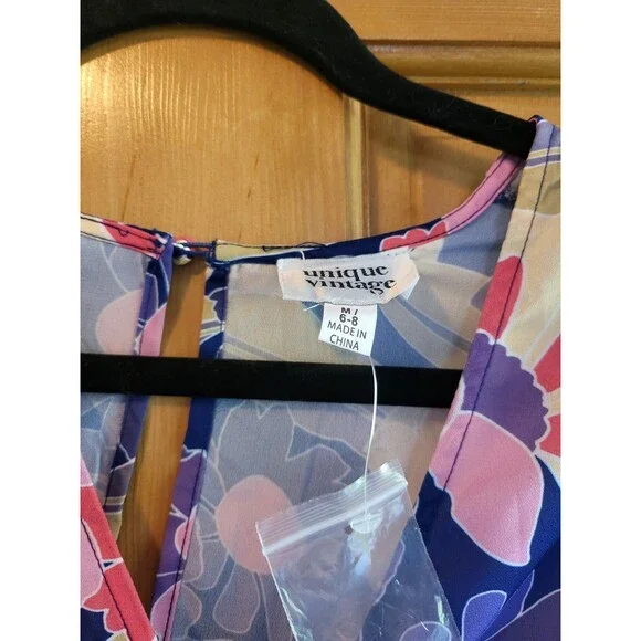 Unique Vintage 1970's Navy & Purple Floral Dress Size Medium - Picture 3 of 6